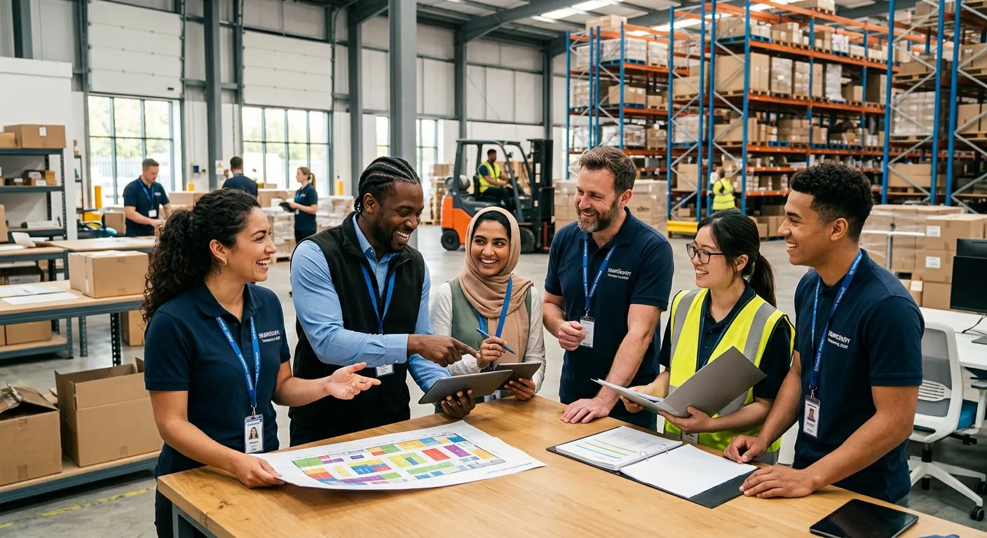 A diverse group of professional temporary workers in a modern warehouse or office setting, smiling a... A diverse group of professional temporary workers in a modern warehouse or office setting, smiling and collaborating. Style is bright, professional, and energetic, conveying flexibility and teamwork.