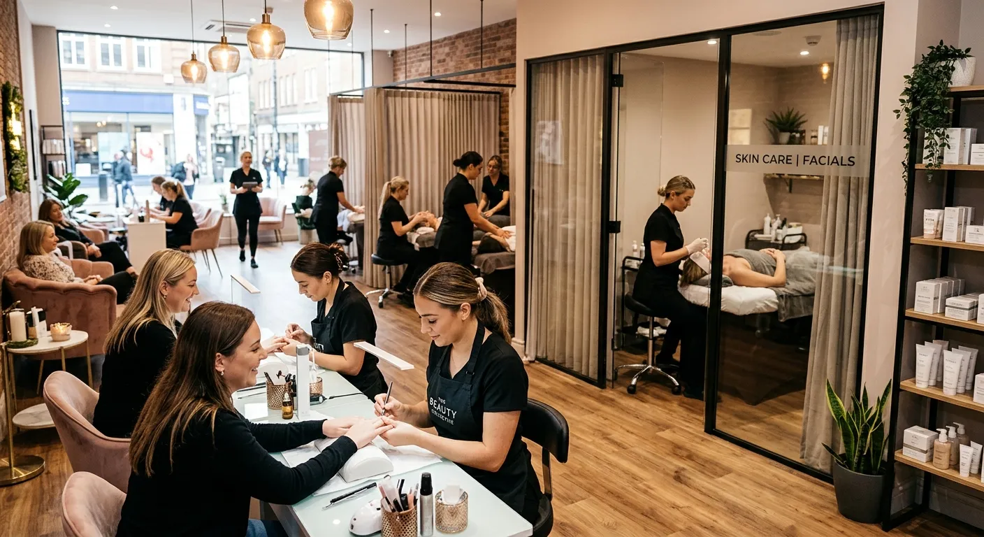 A modern, bustling high-street beauty salon interior with multiple treatment rooms and therapists wo... A modern, bustling high-street beauty salon interior with multiple treatment rooms and therapists working with clients, conveying a professional and vibrant atmosphere.