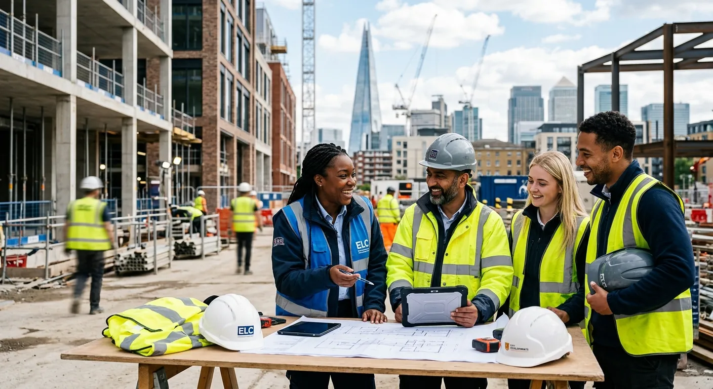A dynamic, professional photo of a diverse team of workers in a modern East London office or constru... A dynamic, professional photo of a diverse team of workers in a modern East London office or construction site, smiling and collaborating, with a slightly blurred background highlighting energy and professionalism.