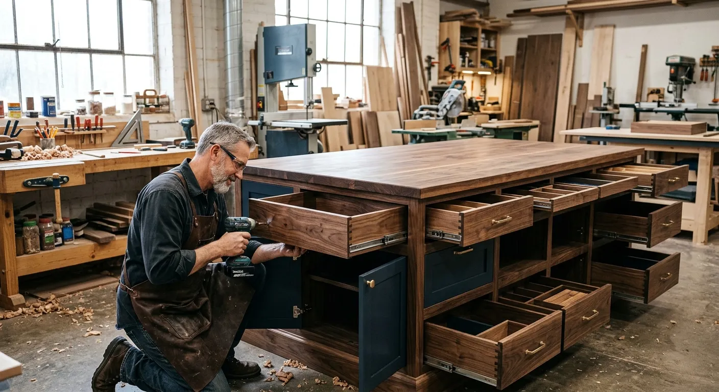 A craftsman in a well-lit workshop assembling a complex, modern bespoke kitchen island with intricat... A craftsman in a well-lit workshop assembling a complex, modern bespoke kitchen island with intricate drawer systems and a solid wood countertop.