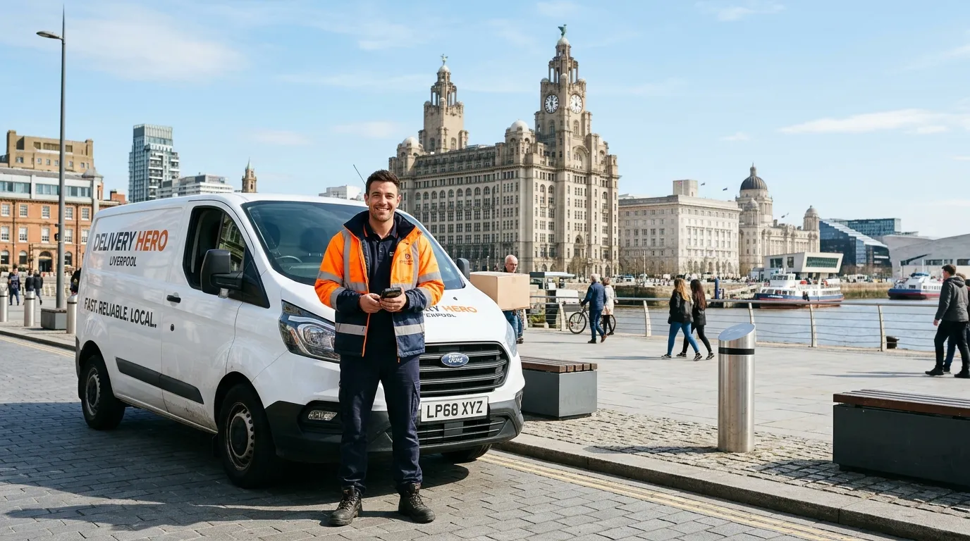 A professional hero image of a confident, smiling Courier Driver in a high-vis jacket standing next... A professional hero image of a confident, smiling Courier Driver in a high-vis jacket standing next to a modern delivery van on a street in Liverpool city centre, with the waterfront or Liver Building visible in the background. Sunny, professional, and optimistic mood.