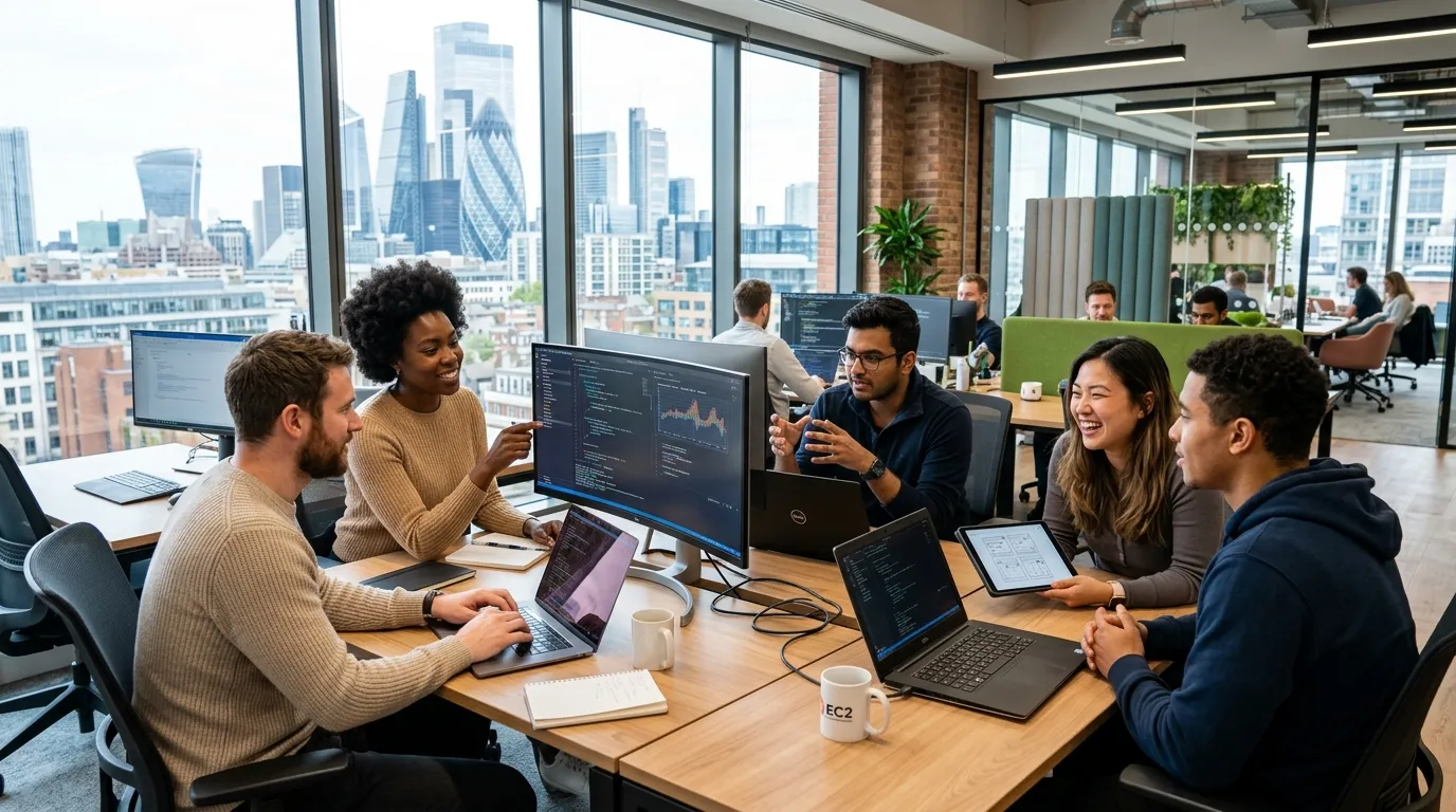A modern, professional hero image showing a diverse team of software developers collaborating in a bright, contemporary London office in the EC2 district. The mood is energetic, focused, and tech-forward.