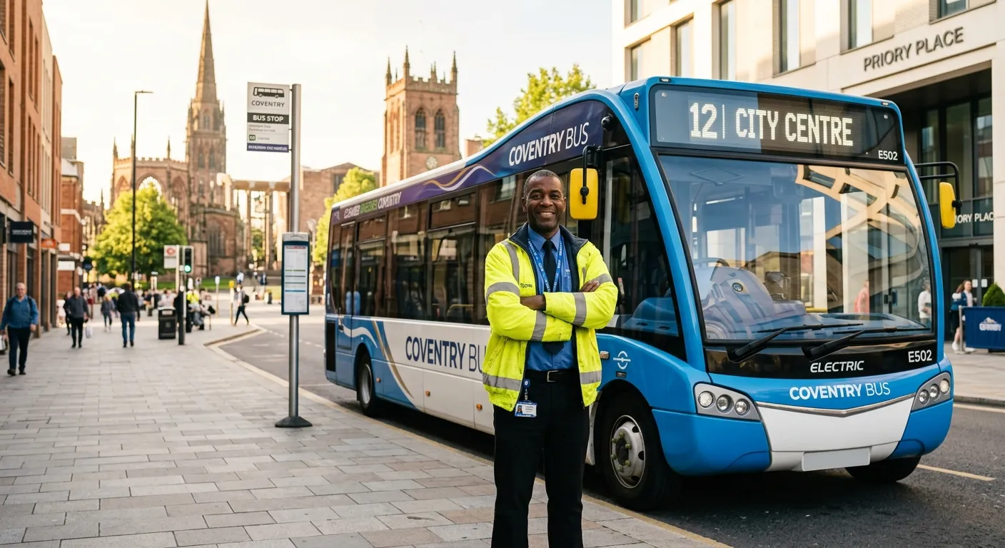A professional UK bus driver in a high-visibility jacket standing confidently beside a modern single... A professional UK bus driver in a high-visibility jacket standing confidently beside a modern single-decker bus outside Coventry city centre, warm morning light, clean urban background, recruitment advertising style, subtle electric purple and gold brand accents, friendly and dependable mood