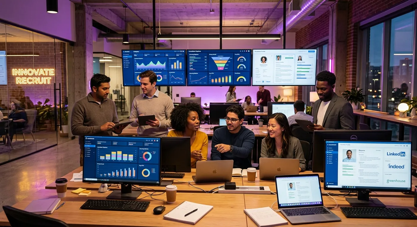 A dynamic, modern office scene showing a diverse recruitment team collaborating on multiple screens displaying analytics dashboards and candidate profiles. Tech-forward, professional mood with purple and gold accent lighting.