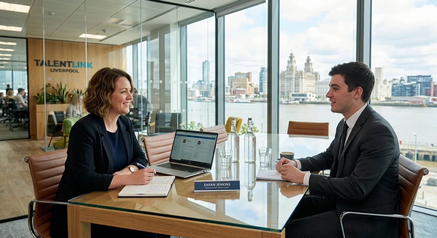 Modern professional recruitment consultant in Liverpool interviewing a candidate in a bright, contemporary office setting, with a laptop and cityscape in the background.