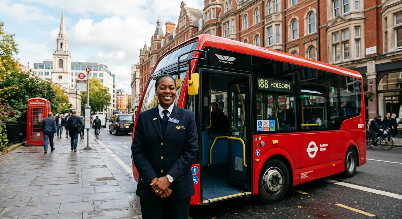 A professional, confident Bus Driver in uniform, standing proudly next to a modern single-decker bus... A professional, confident Bus Driver in uniform, standing proudly next to a modern single-decker bus on a typical London street, Holborn area landmarks subtly visible in the background. Style: authentic, professional, aspirational.