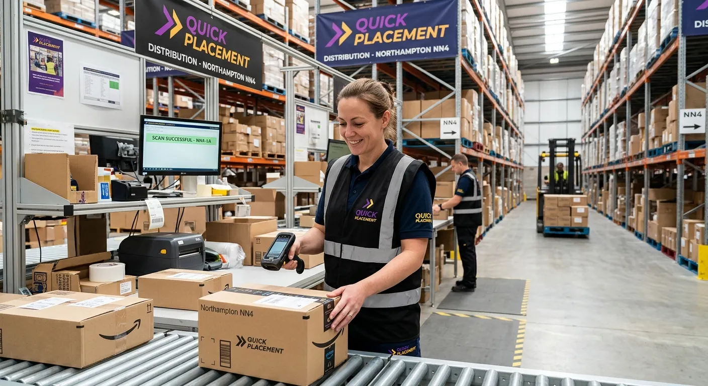A bright, professional photograph of a Warehouse Operative scanning parcels in a modern Northampton... A bright, professional photograph of a Warehouse Operative scanning parcels in a modern Northampton NN4 distribution centre, with clean racking, a Packer station, forklift in background, and Quick Placement branding in electric purple and gold, realistic, welcoming, high resolution