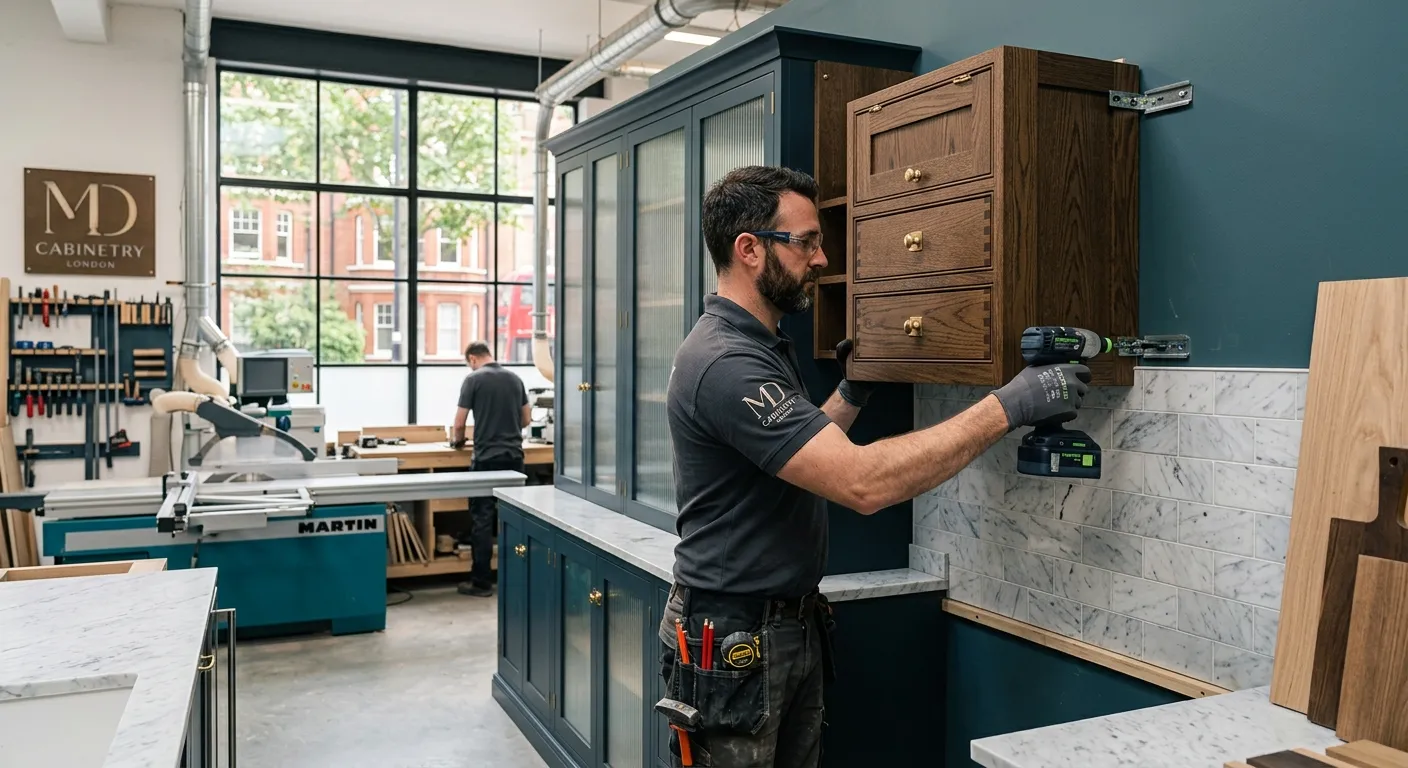 A professional, well-lit image of a cabinet maker in a modern workshop in London, carefully installing a high-end, bespoke kitchen cabinet. The craftsman is using precision tools, wearing appropriate safety gear, showcasing skill and attention to detail. The style is professional and aspirational.
