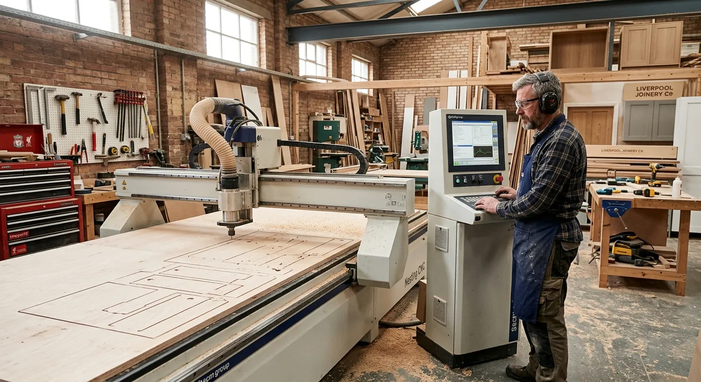 A skilled cabinet maker in a well-lit Liverpool workshop, carefully operating a CNC router with a large sheet of plywood, wearing safety glasses and ear protection.