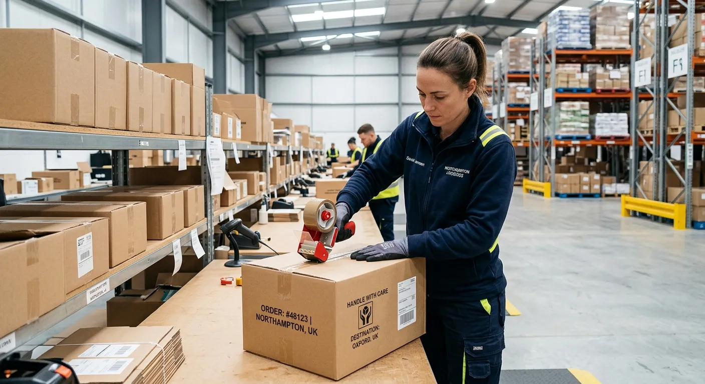 A professional packer in a modern, clean warehouse in Northampton, carefully sealing a box with a ta... A professional packer in a modern, clean warehouse in Northampton, carefully sealing a box with a tape gun. The image should convey efficiency, focus, and a high-standard work environment.