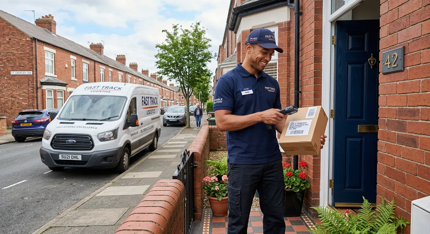 A confident courier driver in branded attire, using a handheld scanner to log a parcel delivery at a doorstep in a Sunderland neighbourhood, with the company van visible in the background