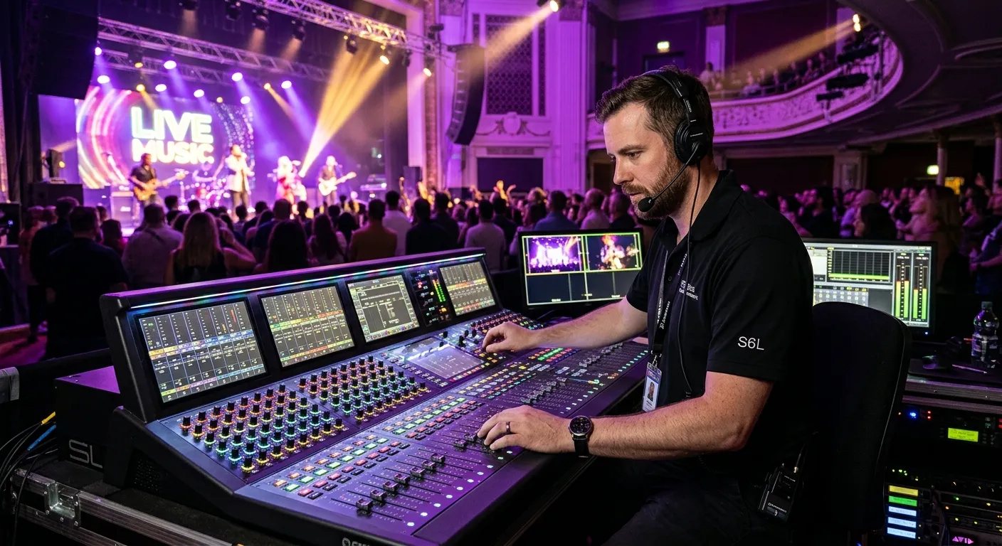 A cinematic, modern hero image of a professional sound engineer operating a digital mixing console in a premium live venue, with purple and gold stage lighting, subtle motion blur, confident atmosphere, high contrast, clean corporate tech aesthetic