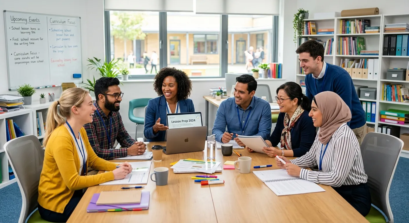 A professional, diverse group of teachers and teaching assistants collaborating in a modern, well-lit school staff room, smiling and engaged. Style: Bright, optimistic, professional.