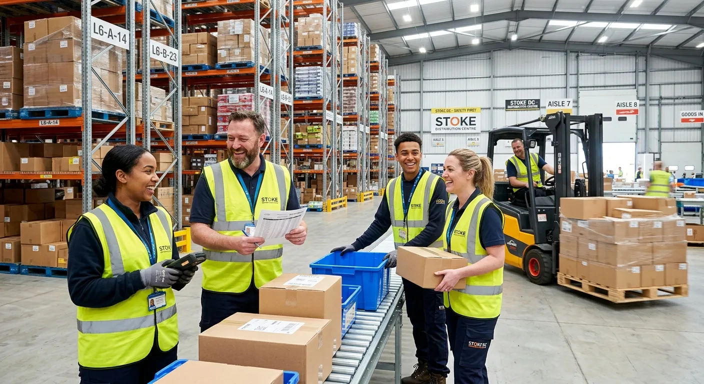 A professional, high-energy photo of a diverse team of Warehouse Operatives in a modern, well-organi... A professional, high-energy photo of a diverse team of Warehouse Operatives in a modern, well-organised Stoke-on-Trent distribution centre. They are smiling, wearing hi-vis vests, and operating a forklift in the background. The image conveys teamwork, efficiency, and a positive work environment.