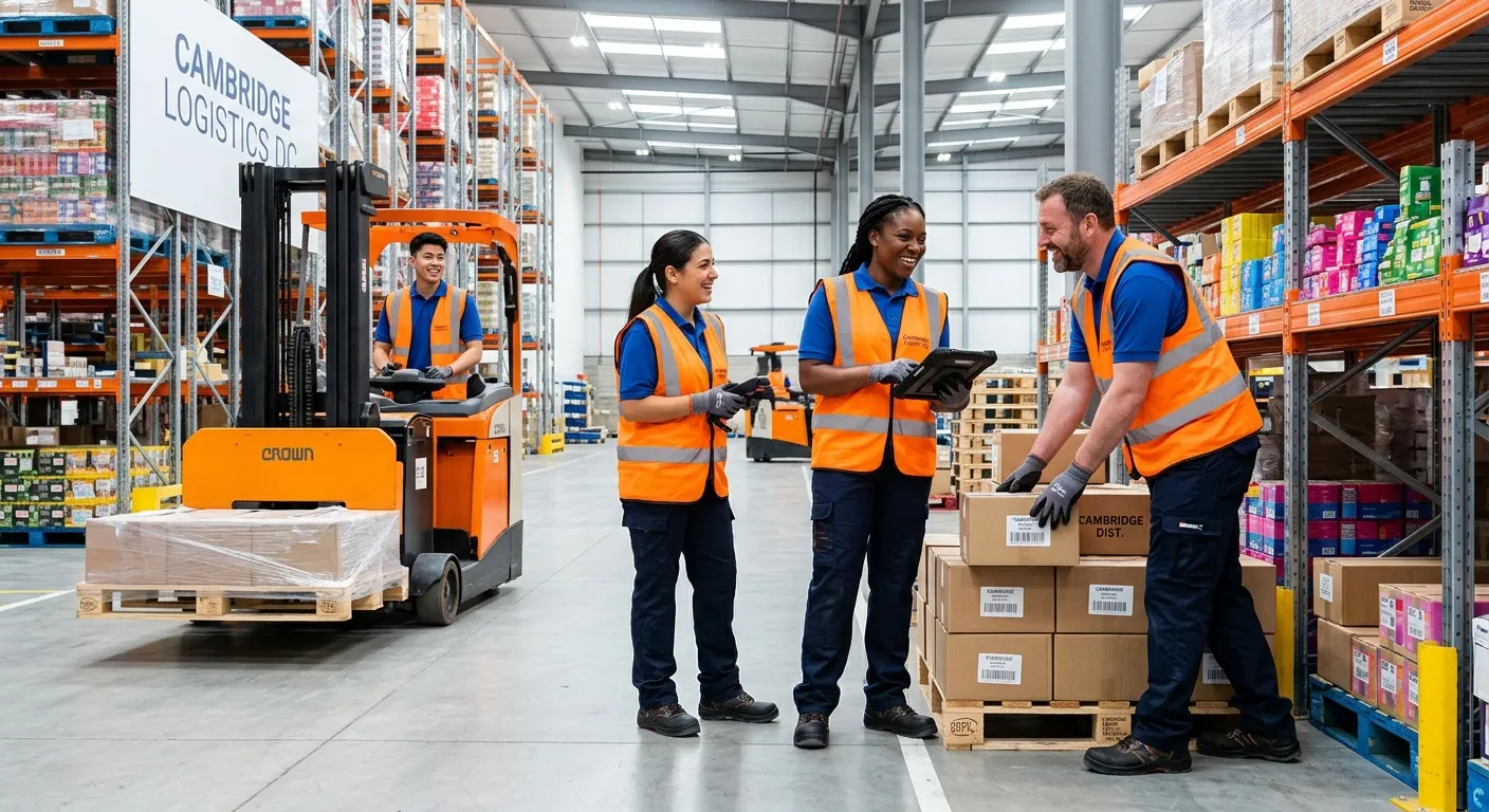 A dynamic, professional photo of a diverse team of warehouse operatives in a modern, clean Cambridge... A dynamic, professional photo of a diverse team of warehouse operatives in a modern, clean Cambridge distribution centre. They are smiling, wearing high-vis vests, and working collaboratively with a forklift and pallets in the background. The image conveys efficiency, teamwork, and a positive work environment.