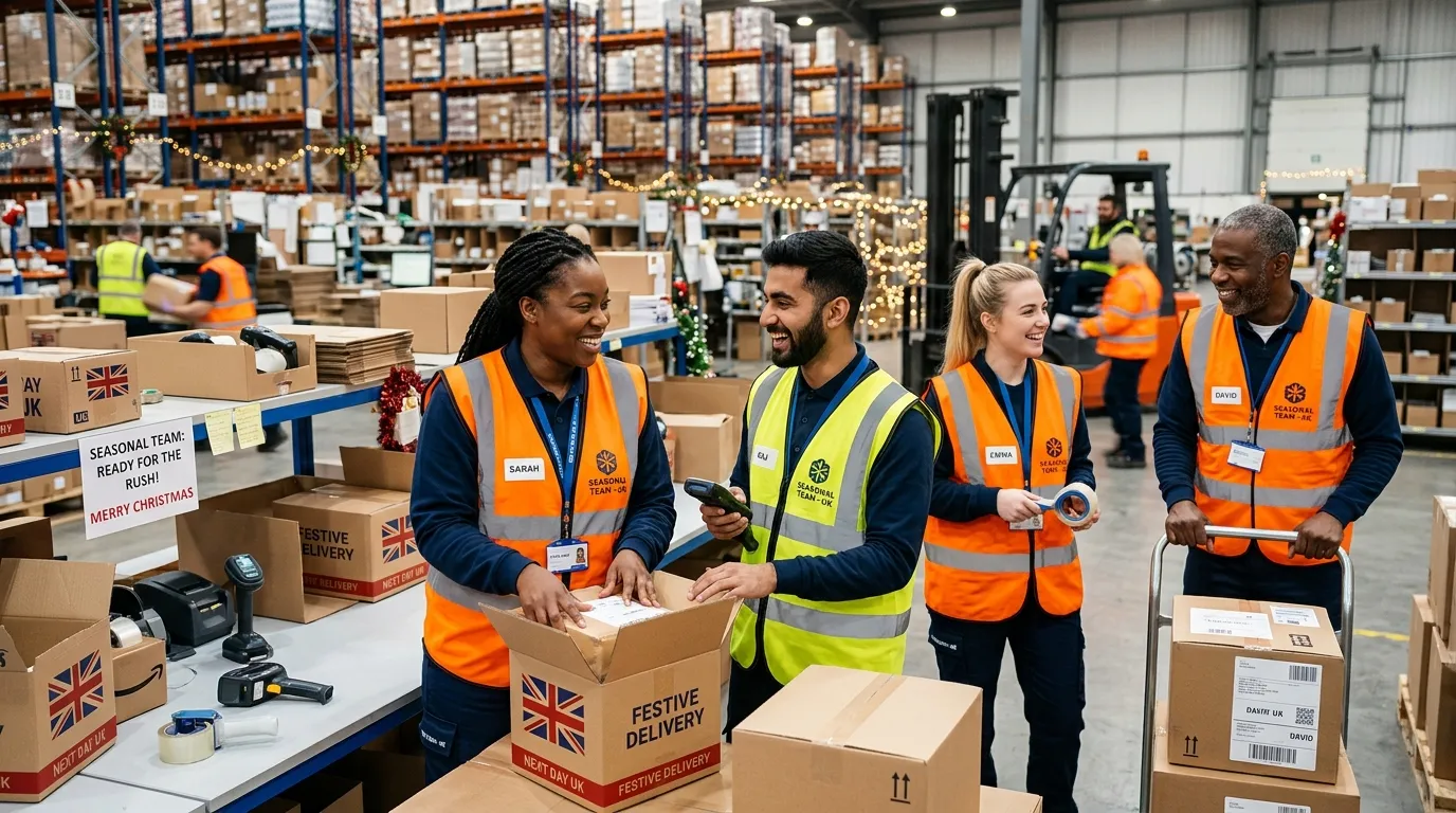 A dynamic, professional hero image showing a diverse team of seasonal workers in high-visibility ves... A dynamic, professional hero image showing a diverse team of seasonal workers in high-visibility vests and uniforms, smiling and collaborating in a busy UK warehouse or retail environment during a festive period. Style: Bright, energetic, and professional. Mood: Confident, prepared, and efficient.