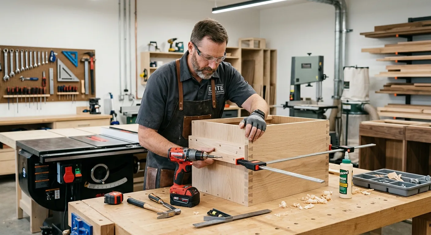 Professional, detailed shot of a skilled cabinet maker in a modern workshop, carefully assembling a high-quality kitchen cabinet unit. The image should convey precision, craftsmanship, and a clean, organised workspace, with tools like a cordless drill and clamps visible. Mood: Trustworthy, skilled, and professional.