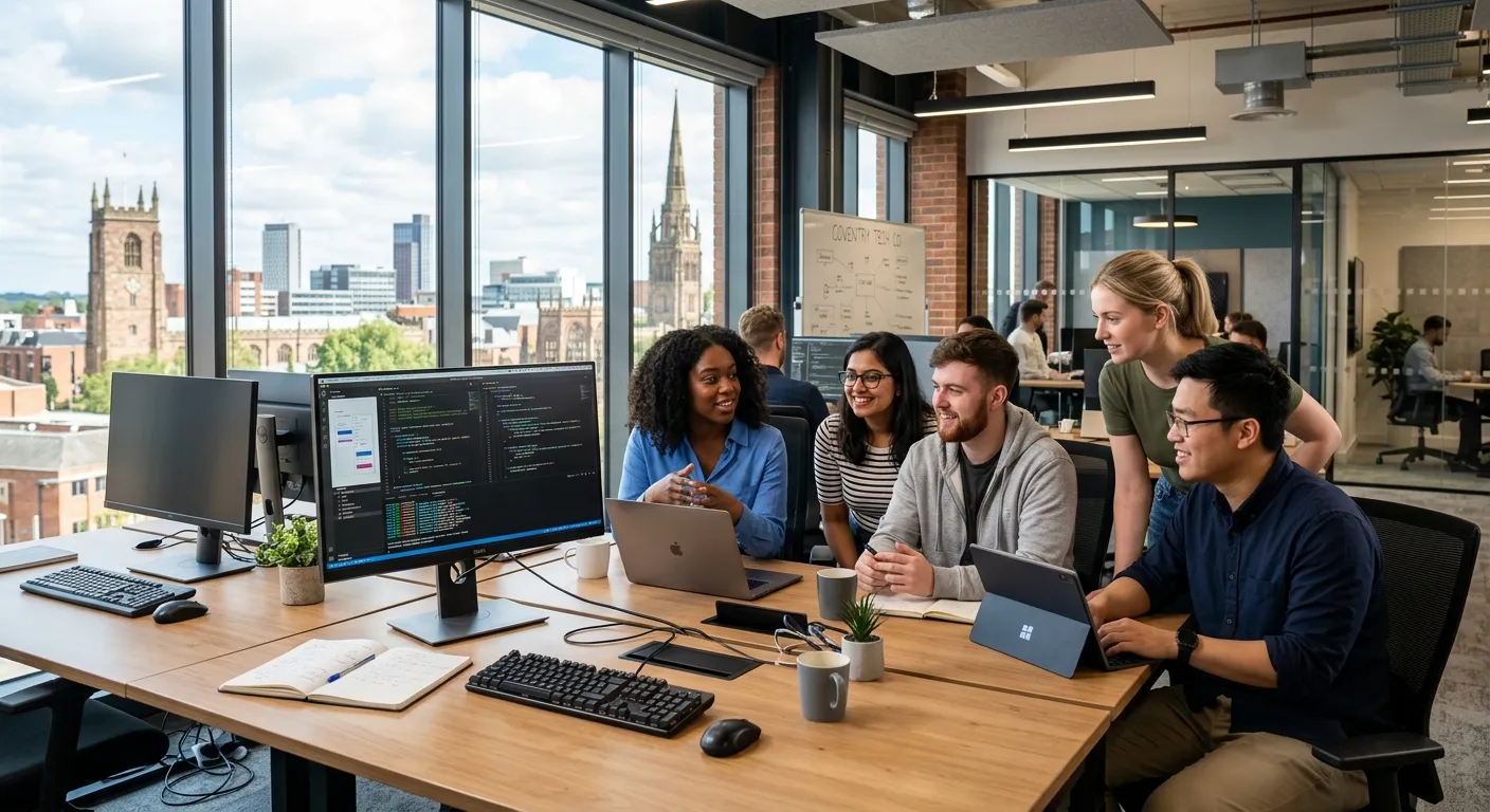 Modern, diverse software developers collaborating in a bright, contemporary office environment in Coventry. Image should convey teamwork, technology, and a dynamic work atmosphere.