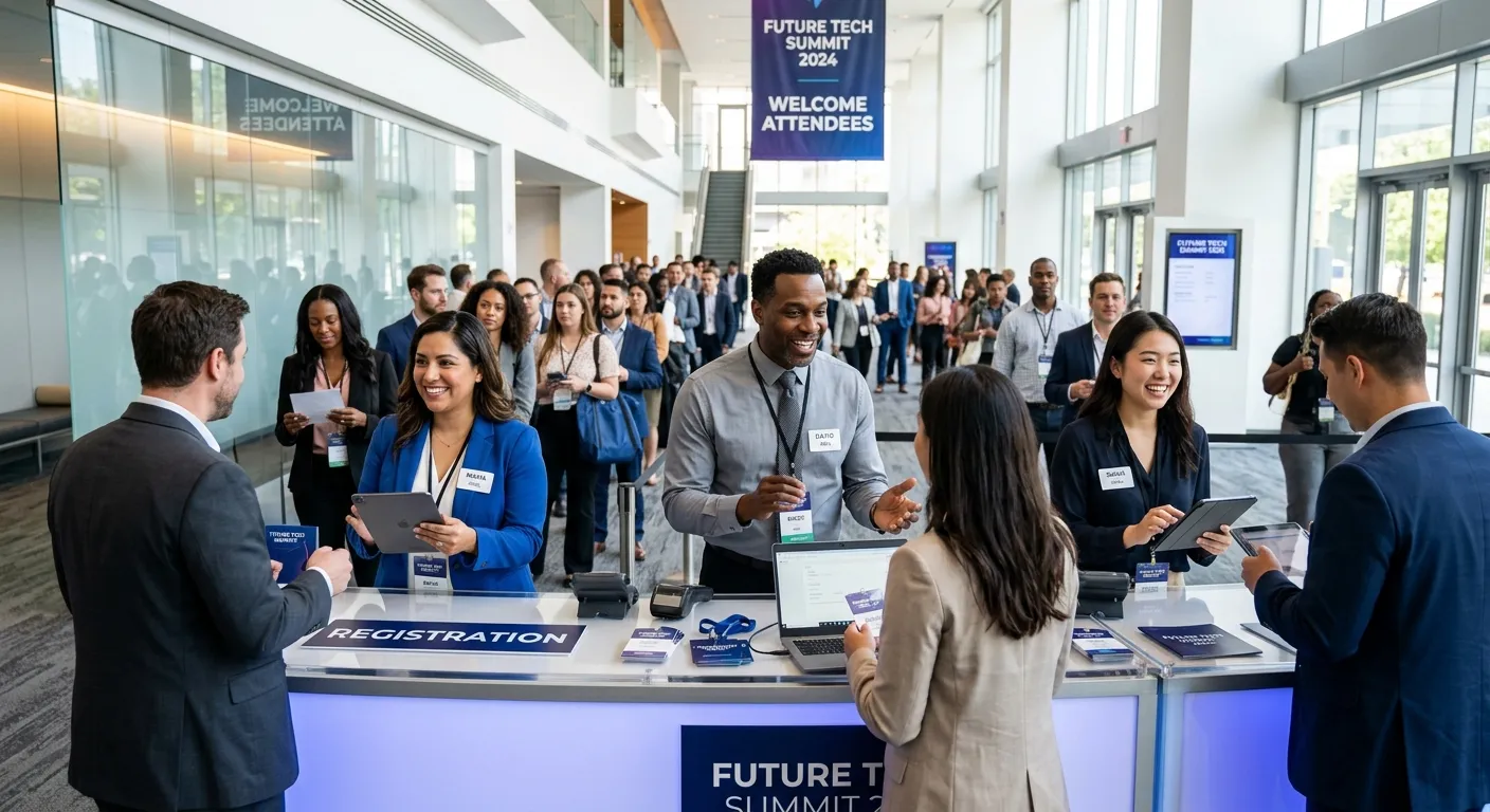 A professional, high-energy scene in a modern conference or clinic reception area. A diverse team of... A professional, high-energy scene in a modern conference or clinic reception area. A diverse team of friendly, well-dressed registration staff members efficiently handling check-ins using tablets and computers, with a queue of attendees in the background. Style: Bright, sharp, professional photography.