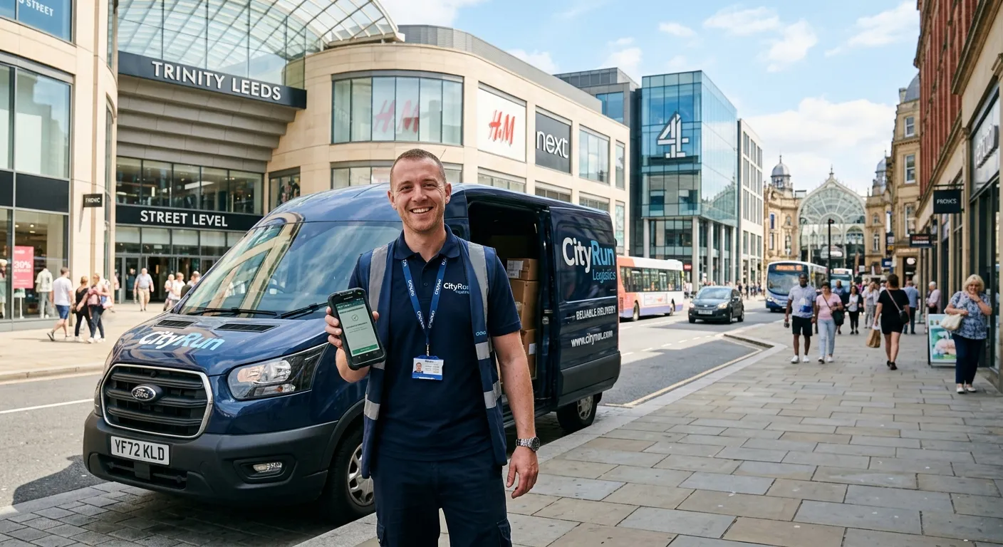 Professional Courier Driver in a branded van in Leeds city centre, smiling and holding a digital delivery device. Bright, sunny day with modern urban backdrop.