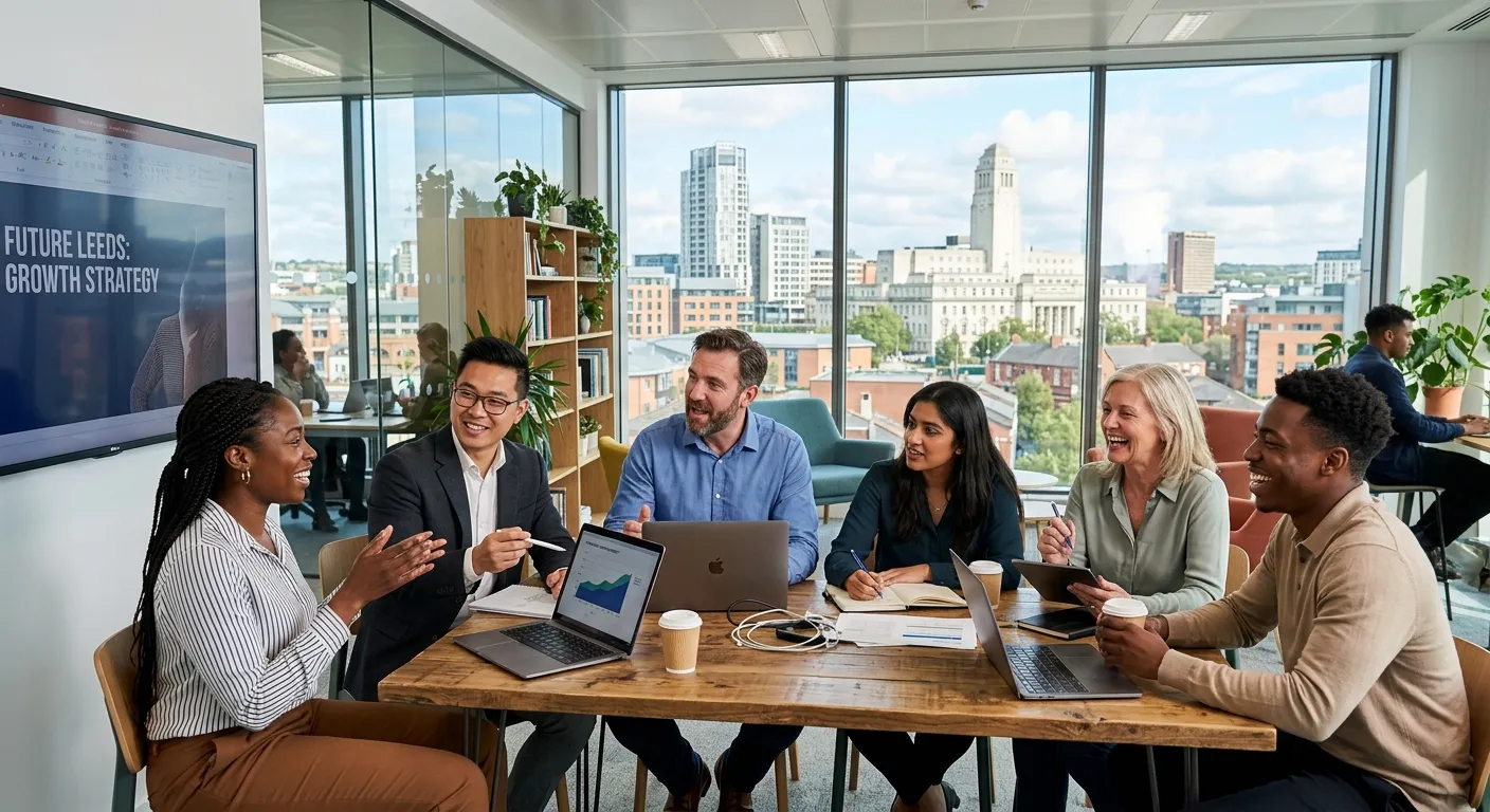 A dynamic, professional photo of a diverse group of business professionals collaborating in a modern... A dynamic, professional photo of a diverse group of business professionals collaborating in a modern Leeds city centre office, with the Leeds skyline visible through a window. The mood is energetic, confident, and forward-thinking.