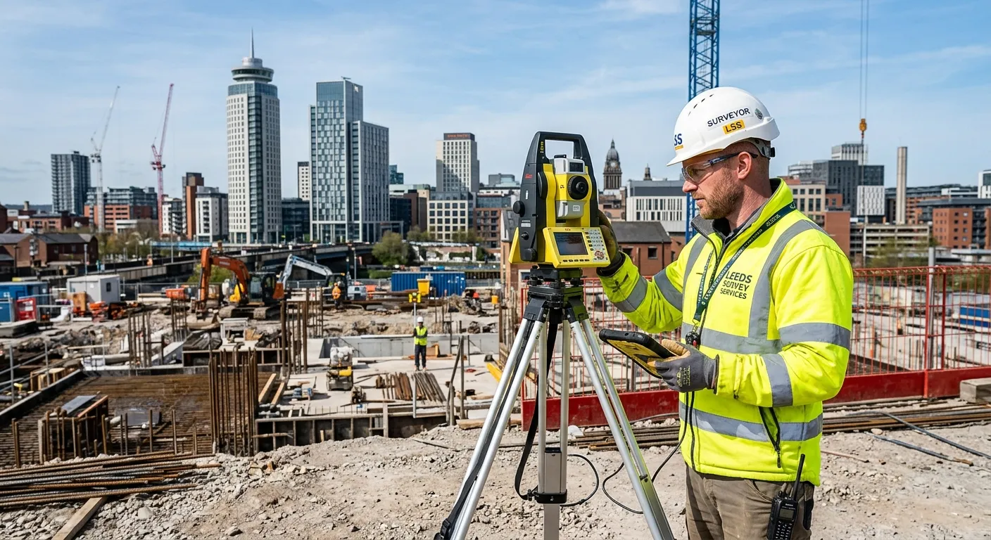 A professional surveyor on a construction site in Leeds, using a modern robotic total station, with... A professional surveyor on a construction site in Leeds, using a modern robotic total station, with the Leeds skyline in the background. Bright, clear day, professional and authoritative mood.