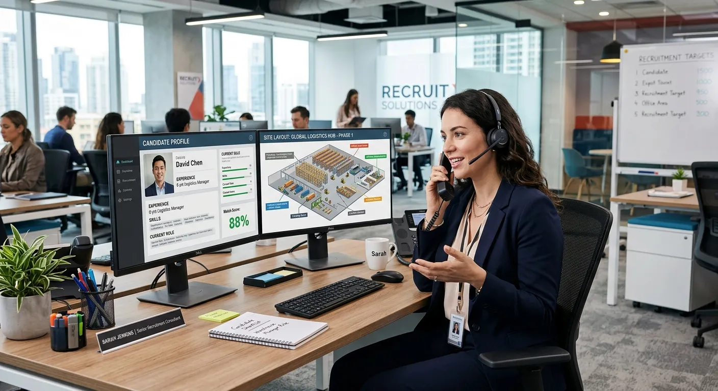 A professional recruitment consultant in a modern office, speaking on the phone with a client, with... A professional recruitment consultant in a modern office, speaking on the phone with a client, with a dual monitor showing candidate profiles and a warehouse floorplan. Style: professional, dynamic, tech-forward.