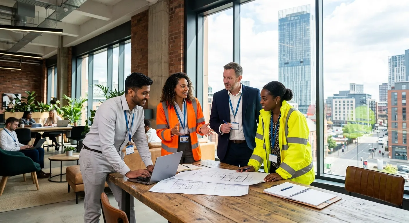 Professional, dynamic photo of a diverse team of workers in high-vis jackets and office attire colla... Professional, dynamic photo of a diverse team of workers in high-vis jackets and office attire collaborating in a modern Manchester city centre workspace, with iconic Beetham Tower in the background. Style: Bright, optimistic, professional.