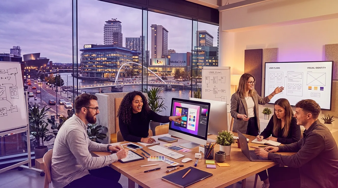 A dynamic, modern hero image showing a vibrant Manchester cityscape (Spinningfields/MediaCityUK) overlaid with creative professionals (graphic designers, UX/UI specialists, marketing managers) collaborating in a sleek, light-filled studio. Style: Energetic, professional, with a slight duotone purple/gold filter to match brand.
