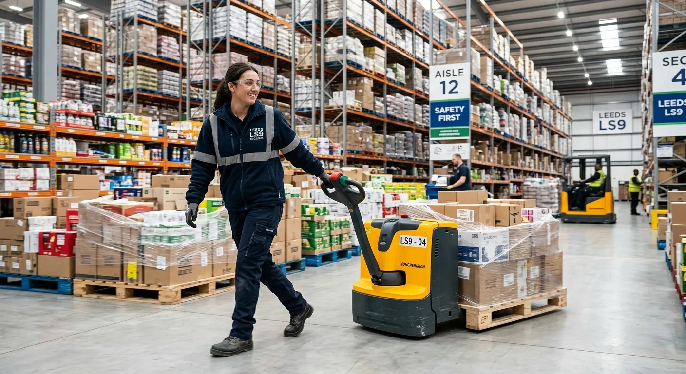 A dynamic, professional photo of a Warehouse Operative in a modern, clean Leeds LS9 distribution centre, safely operating a pallet jack with shelves stocked with goods in the background. Style: realistic, high-quality, inspiring mood.