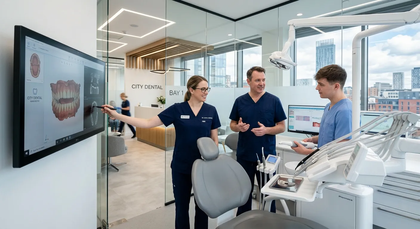 Modern, professional dental clinic interior in Manchester, showcasing a team of dental professionals in a bright, clean environment. Focus on collaboration and advanced technology. Mood: Trustworthy, competent, and cutting-edge.