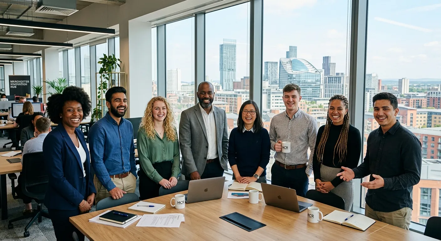 A professional, diverse group of employees smiling in a modern Manchester office setting, with the c... A professional, diverse group of employees smiling in a modern Manchester office setting, with the city skyline visible through a window.
