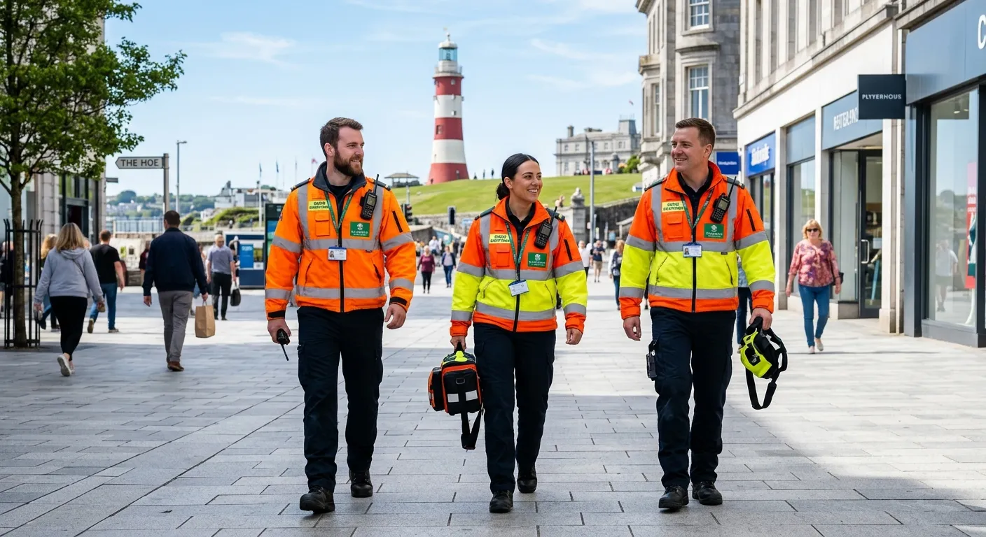 Modern, professional image of emergency rapid response staff in Plymouth PL1, wearing high-visibilit... Modern, professional image of emergency rapid response staff in Plymouth PL1, wearing high-visibility workwear, moving confidently through a city centre street near Plymouth Hoe, bright daylight, clean urban background, calm and capable mood, realistic corporate recruitment photography