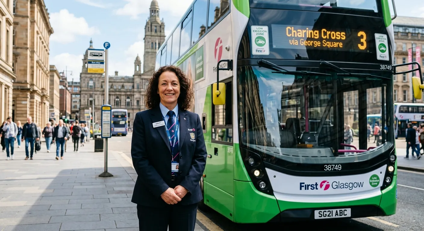 A professional, confident Bus Driver in uniform standing proudly beside a modern city bus on a sunny day in a Glasgow cityscape, looking at the camera with a smile. Style: Authentic, high-quality professional photography, mood: trustworthy, reliable, local.