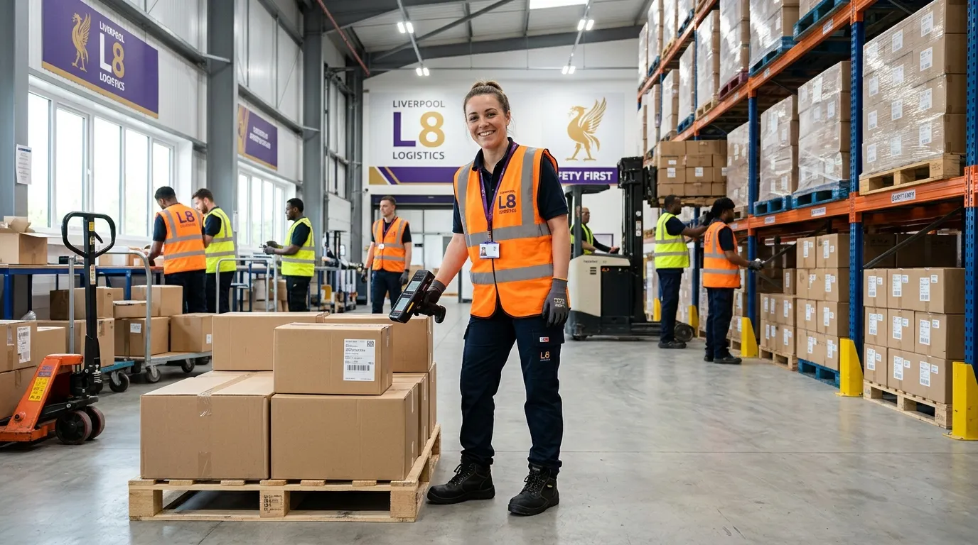 A modern, professional hero image of a friendly Warehouse Operative wearing a high-visibility vest a... A modern, professional hero image of a friendly Warehouse Operative wearing a high-visibility vest and safety boots, working in a clean, well-lit warehouse in Liverpool L8. The scene includes pallets, boxes, handheld scanners, and a supportive team environment. Style: realistic, bright, confident, and welcoming, with subtle electric purple and gold brand accents.