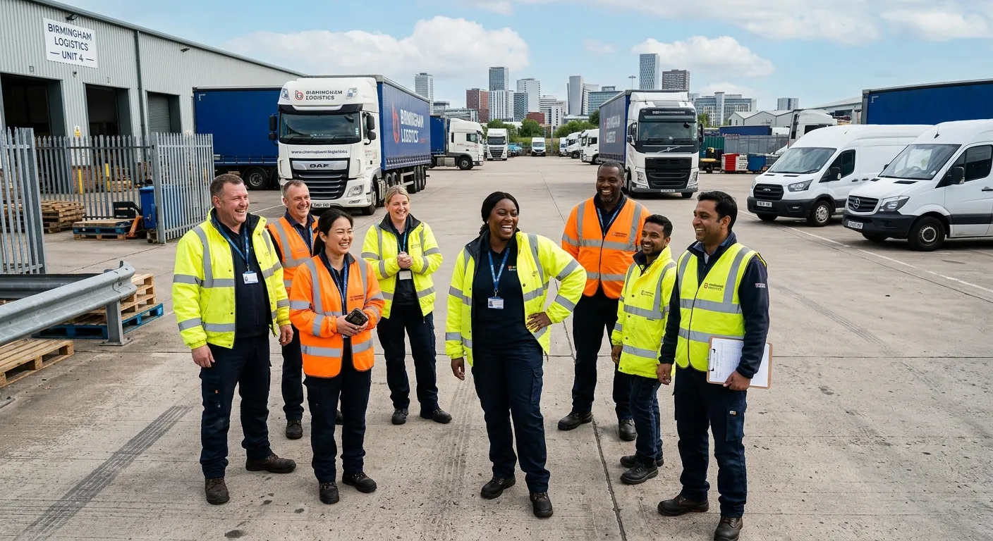 A professional, diverse group of HGV and van drivers in high-visibility jackets, smiling and gathered in a modern logistics yard in Birmingham, with vehicles visible in the background.