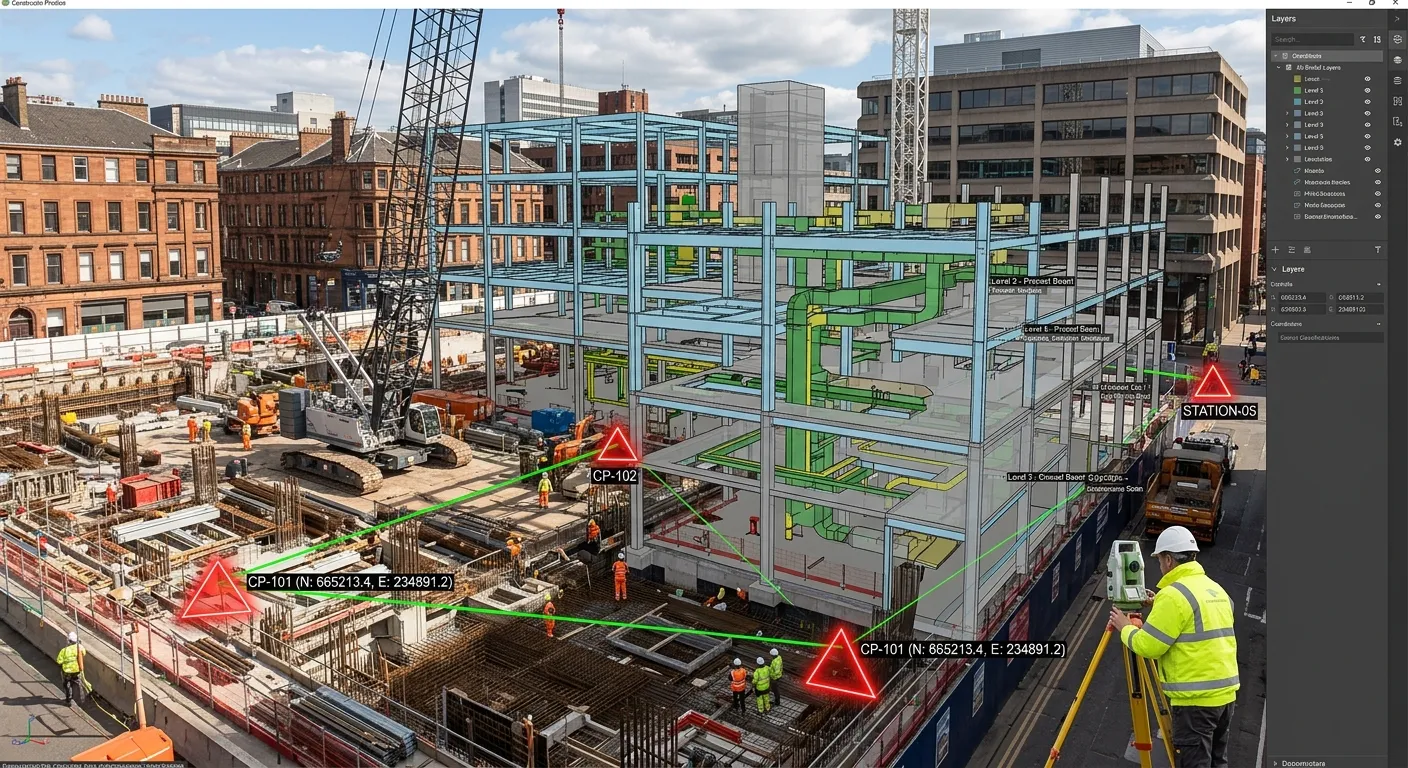 A detailed 3D BIM model overlay on a photograph of the Glasgow G2 construction site, highlighting ke... A detailed 3D BIM model overlay on a photograph of the Glasgow G2 construction site, highlighting key survey control points and structural elements