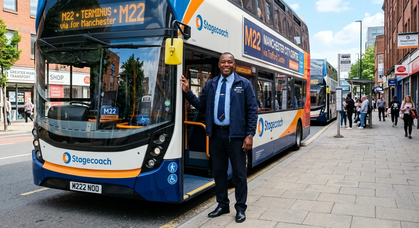 A professional, confident bus driver in full uniform standing proudly beside a modern, clean public... A professional, confident bus driver in full uniform standing proudly beside a modern, clean public service vehicle (bus) at a Manchester M22 terminus, with urban background. Bright, optimistic daytime shot.