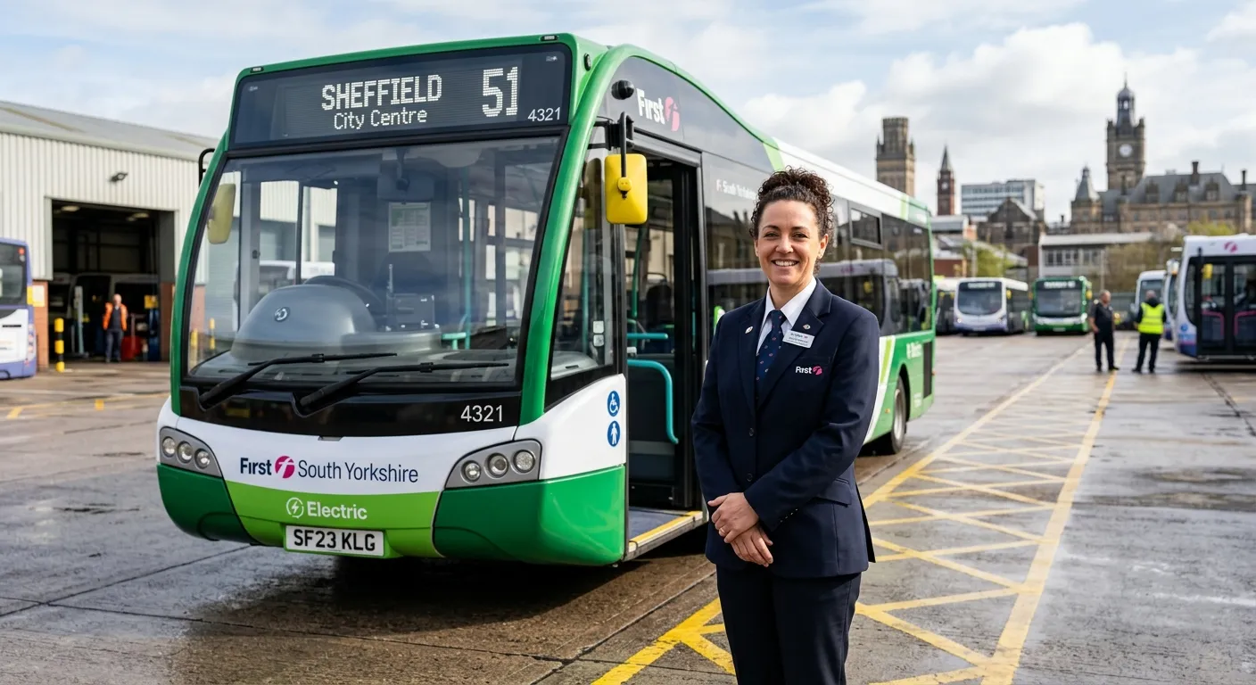 A professional, confident bus driver in full uniform smiling, standing beside a modern single-decker... A professional, confident bus driver in full uniform smiling, standing beside a modern single-decker bus in a depot setting in Sheffield, with the city skyline faintly visible in the background. Style: professional, welcoming, high-resolution.