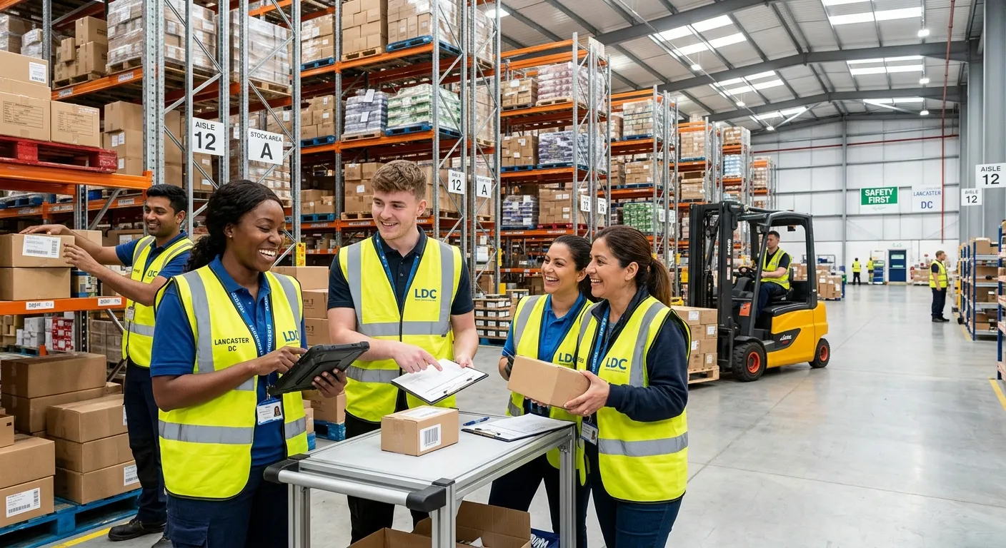 A professional, high-energy photo of a diverse team of warehouse operatives in a modern, well-lit distribution centre in Lancaster. They are smiling and collaborating, with a forklift and organised shelving in the background. Style is bright, modern, and professional, conveying efficiency and teamwork.