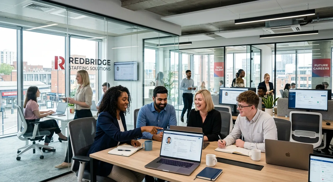 Modern, professional office interior of a staffing agency. Diverse team of recruitment consultants collaborating at a bright, glass-fronted workspace in Redbridge, with screens visible showing candidate profiles. Tech-forward, energetic mood.