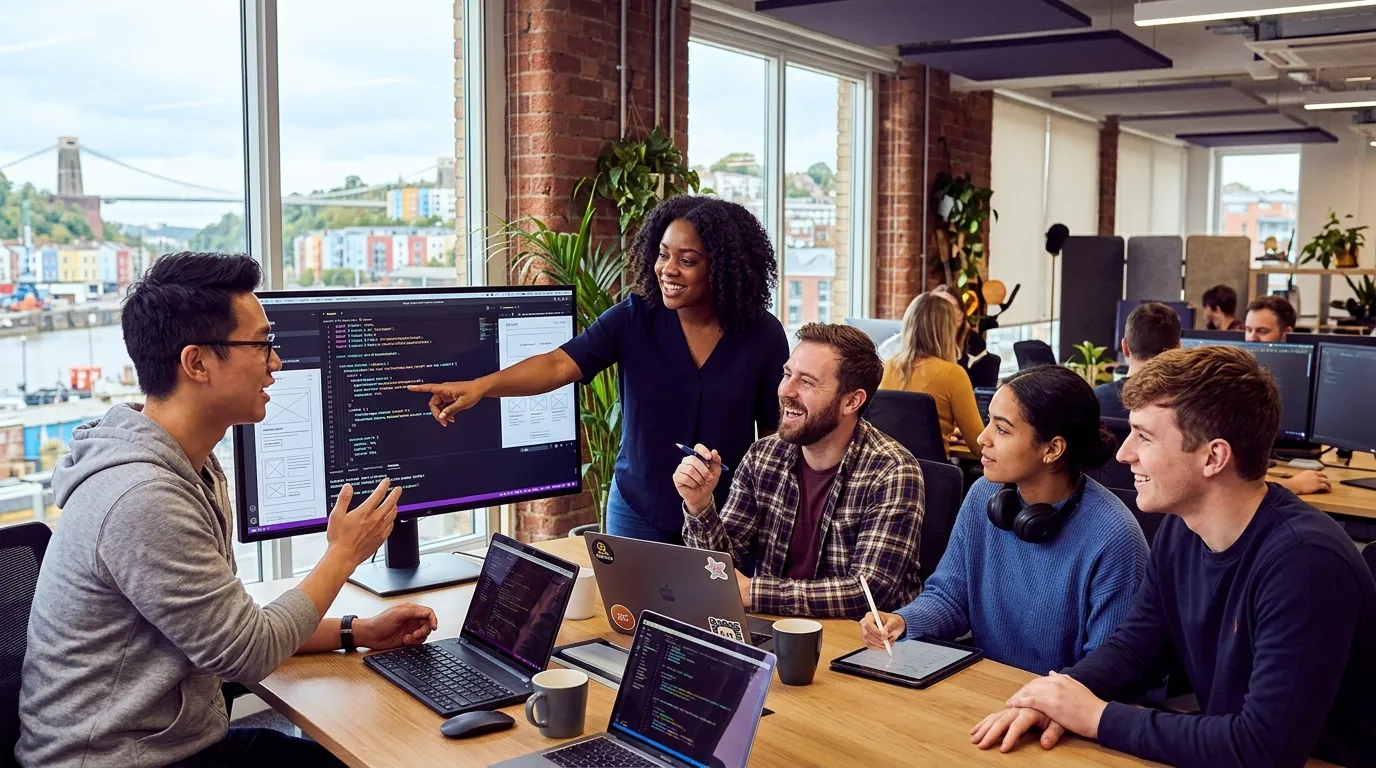 A modern, vibrant hero image showing a diverse team of software developers collaborating in a bright... A modern, vibrant hero image showing a diverse team of software developers collaborating in a bright, contemporary Bristol office. One developer is pointing at code on a large monitor, others are discussing. The style is professional, energetic, and tech-forward, with a slight purple/gold colour tint to match the brand.