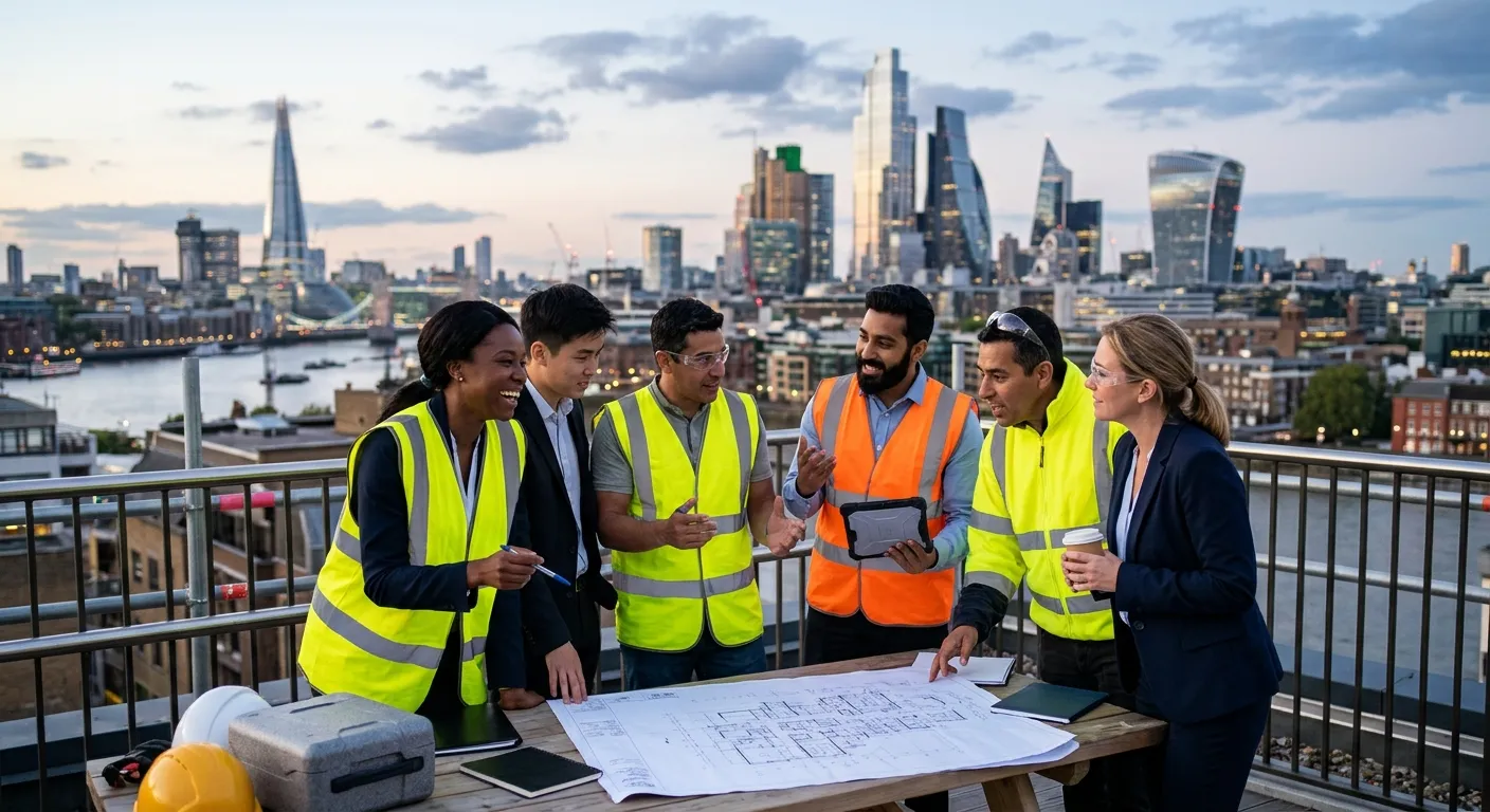 A dynamic, professional photo of a diverse team of workers in high-vis vests and business attire col... A dynamic, professional photo of a diverse team of workers in high-vis vests and business attire collaborating against a blurred London skyline (The Shard, Gherkin visible). Style: Modern, vibrant, action-oriented.