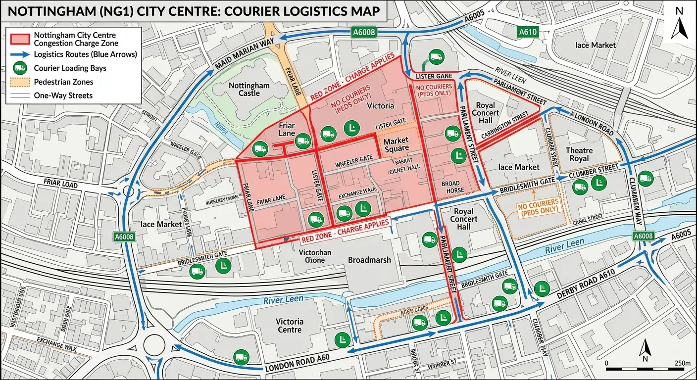 A detailed, annotated map of Nottingham city centre (NG1) highlighting key logistics routes, congestion zones in red, and prime parking/loading bays marked with green icons, as used by professional courier drivers.