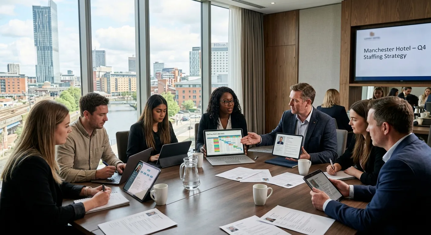 A modern, professional team in a Manchester hotel conference room reviewing staffing plans and candidate profiles on tablets and laptops, atmosphere of collaborative strategy.