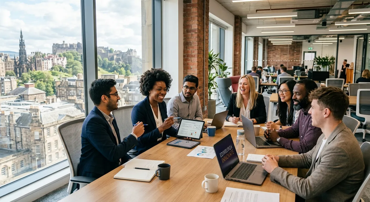 Professional, dynamic photo of a diverse team of professionals collaborating in a modern Edinburgh office with historic architecture visible through the windows. Style: Bright, authentic, and energetic.