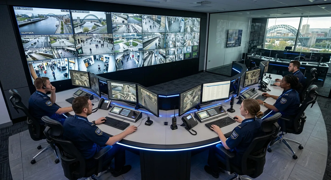 A professional, high-angle shot of a modern security control room in Newcastle, with multiple monitors showing CCTV feeds and a diverse team of uniformed personnel working efficiently. Style: Corporate, trustworthy, and technologically advanced.