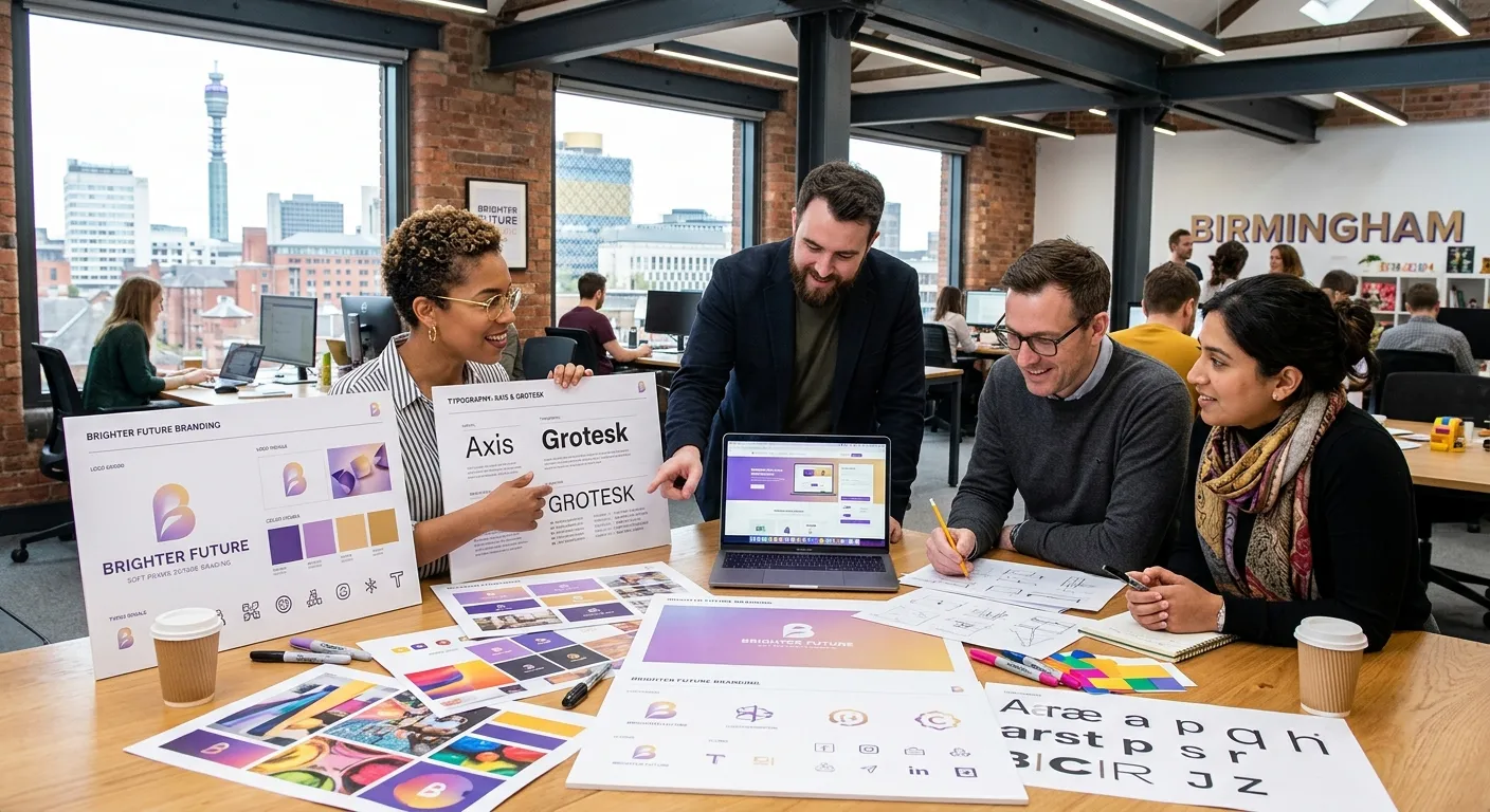 Modern Birmingham creative agency workspace with designers collaborating around brand boards, UI screens, typography sketches, and a soft purple-to-gold gradient, professional corporate photography, bright and high contrast