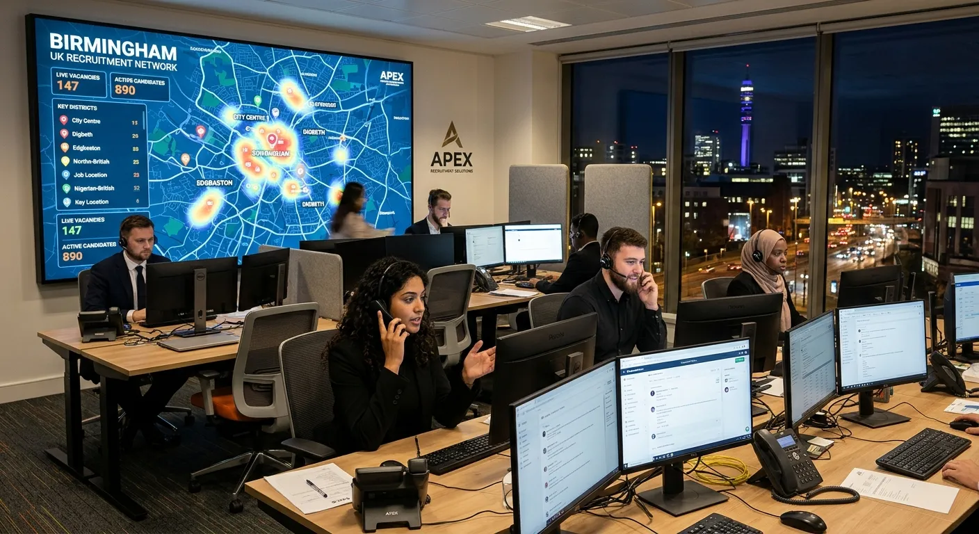 A professional, dynamic photo of a modern UK recruitment agency control room at night. A diverse team is actively working on computers and phones, with a large digital map of Birmingham in the background. The mood is energetic, professional, and urgent.