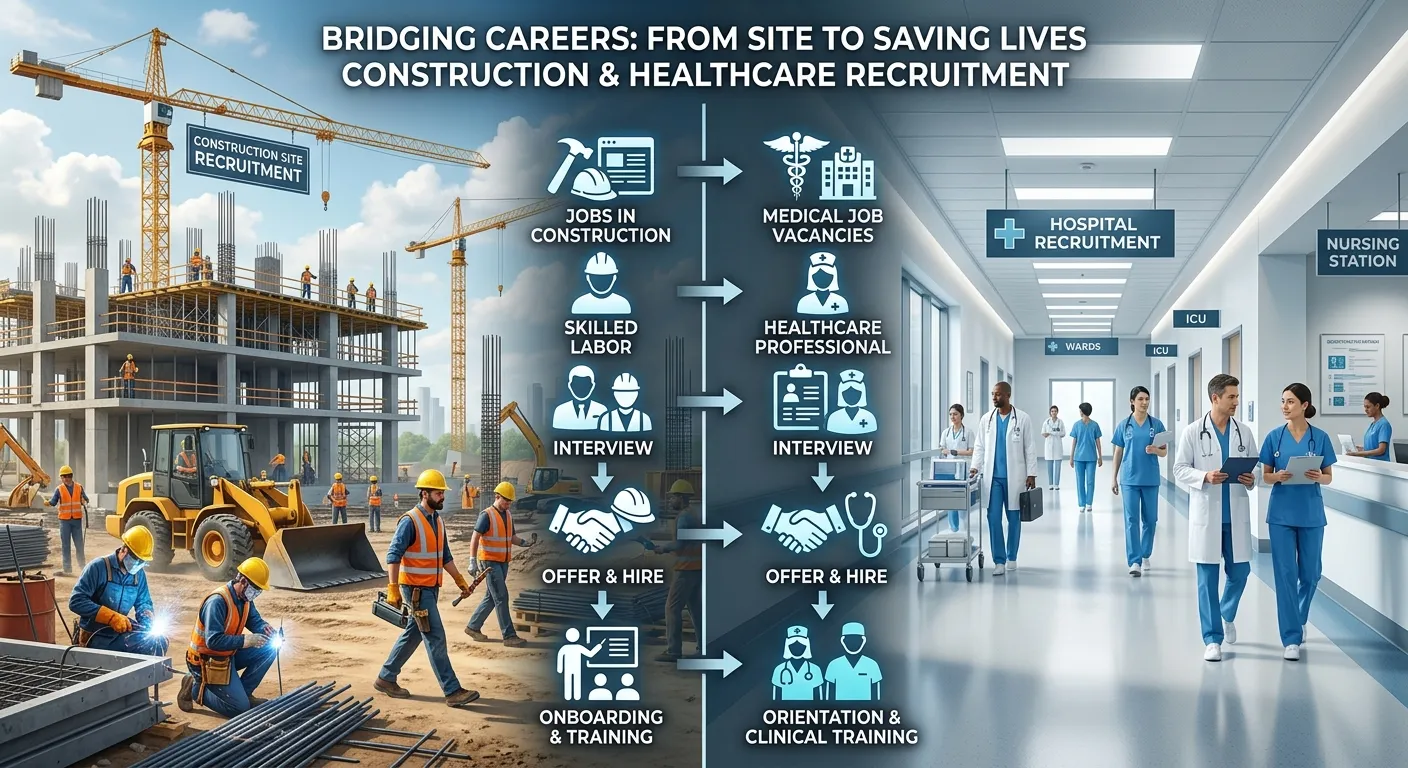 A split-screen graphic showing a bustling construction site on one side and a modern, clean hospital corridor on the other, with icons representing recruitment processes overlaid.